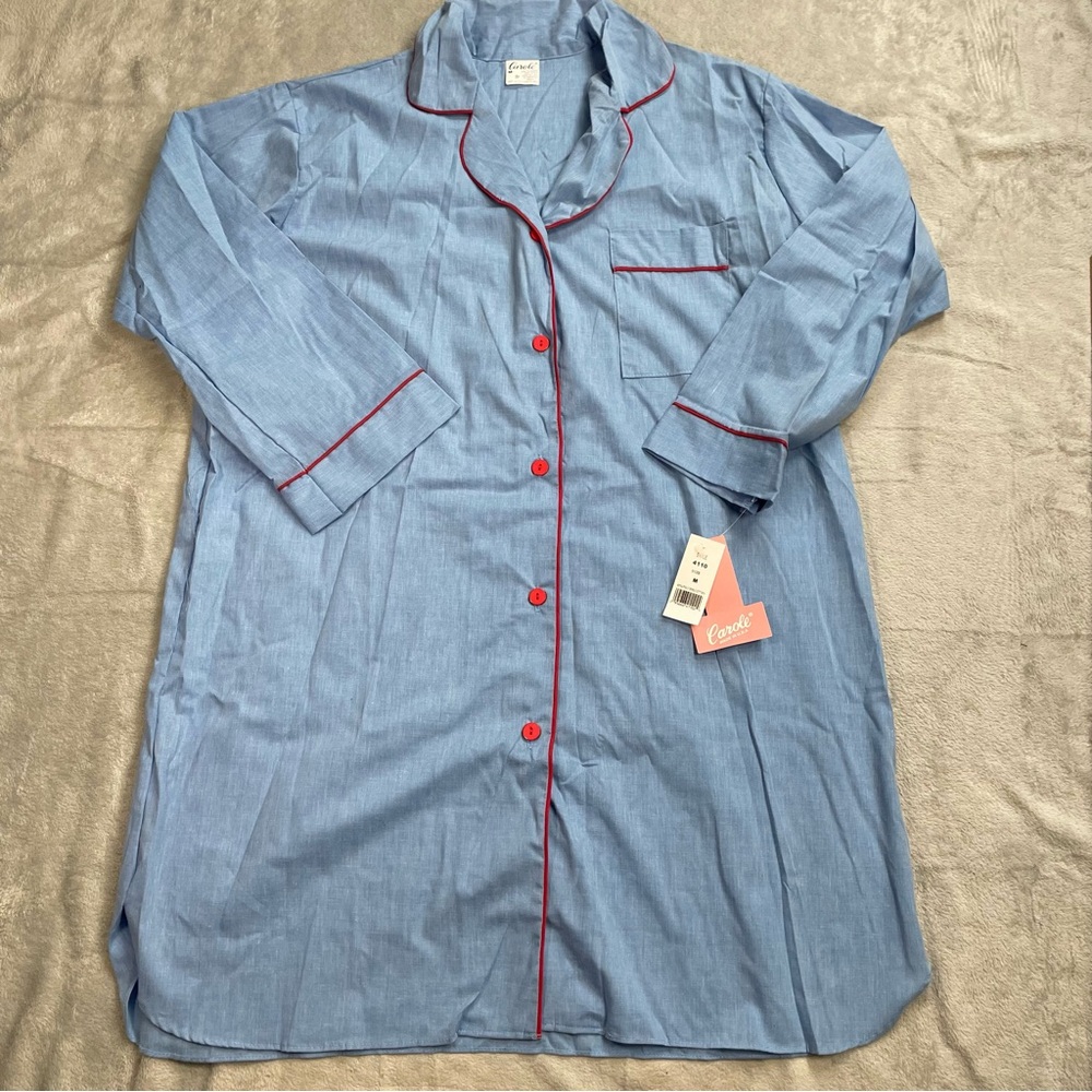 Vintage Night Shirt Sleep Gown Medium NWT Women’s Carole Button‎ Up Blue